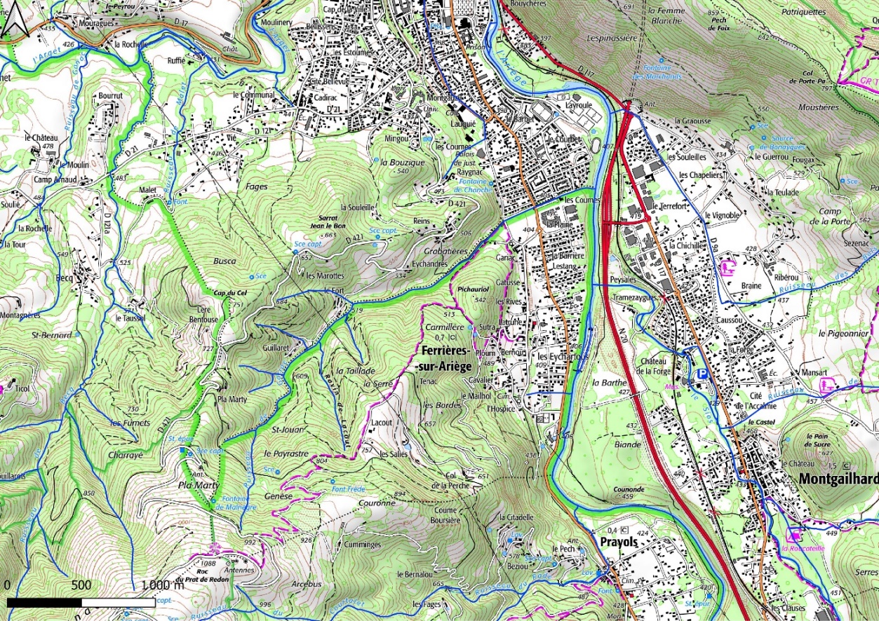 Situation du ruisseau du Gariac entre les communes de Ferrières et Foix