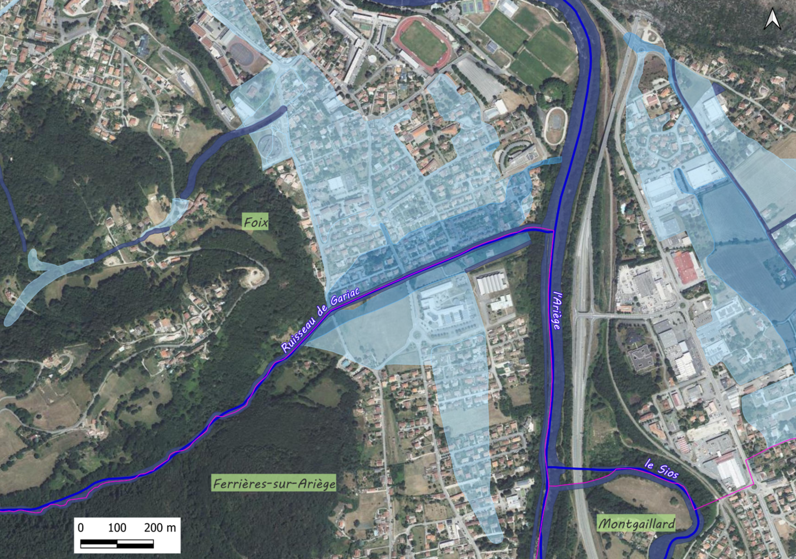 Zone inondable au niveau du ruisseau du Gariac entre Ferrières et Foix